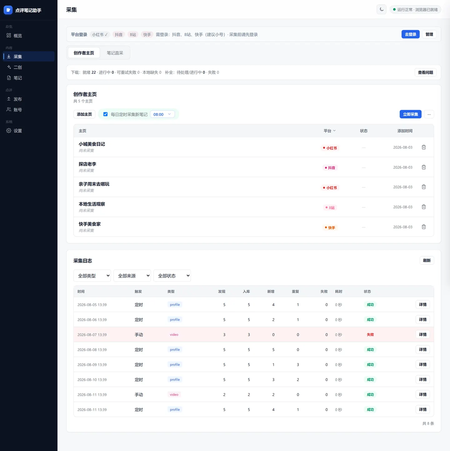 采集页：创作者主页列表与笔记直采